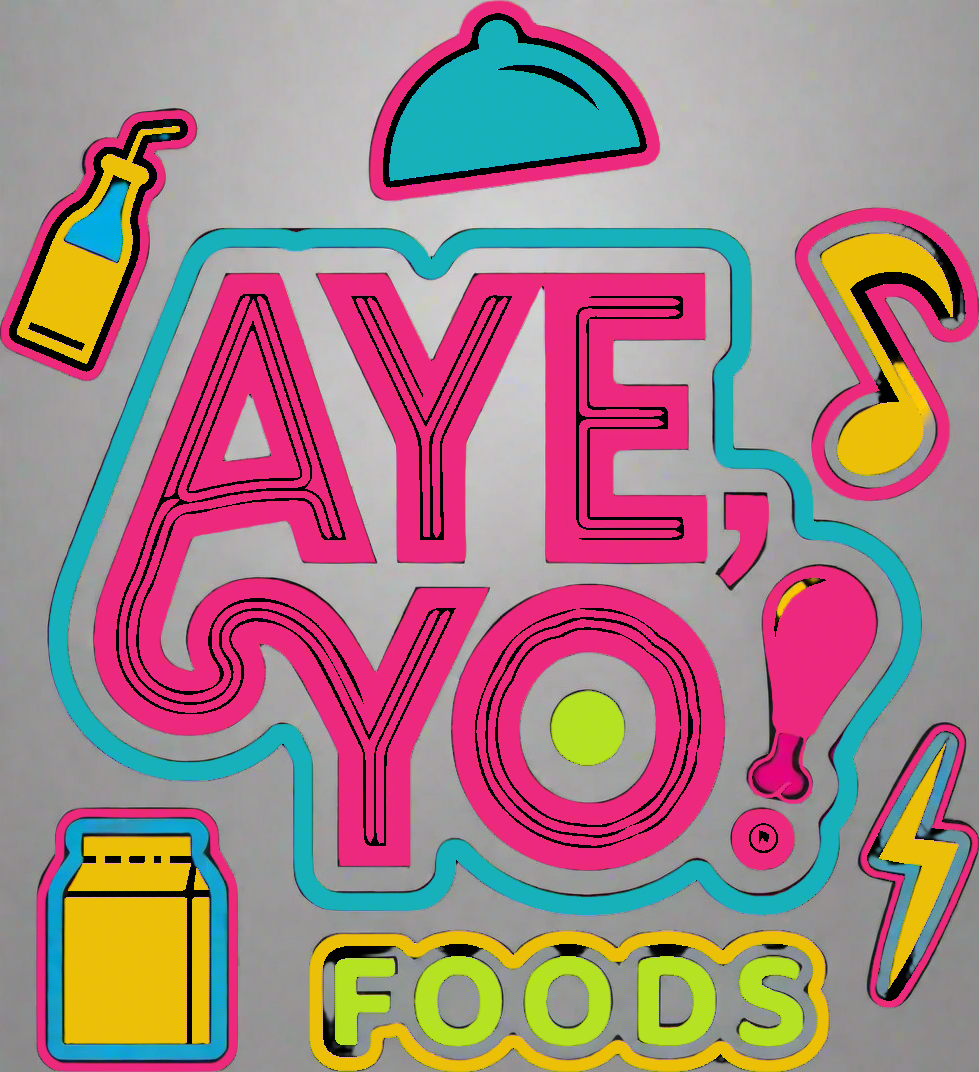 Colorful logo for 'AYE, YO! FOODS' with various icons on a white background